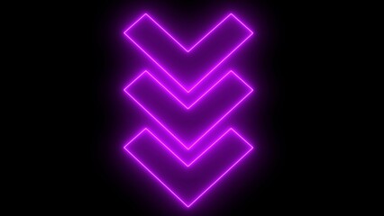 Neon down arrow sign. Digital arrow pointing down. 3d glowing neon symbol of symbol of arrow down isolated on black background. Flashing direction indicators.