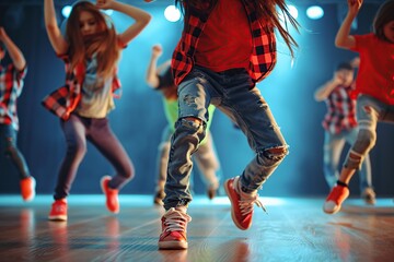 Happy children in stylish clothes dancing in choreography class