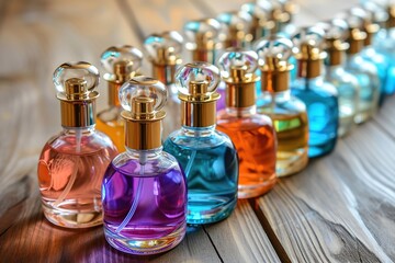 Obraz na płótnie Canvas Different bottles of colorful perfume bottles on wooden background
