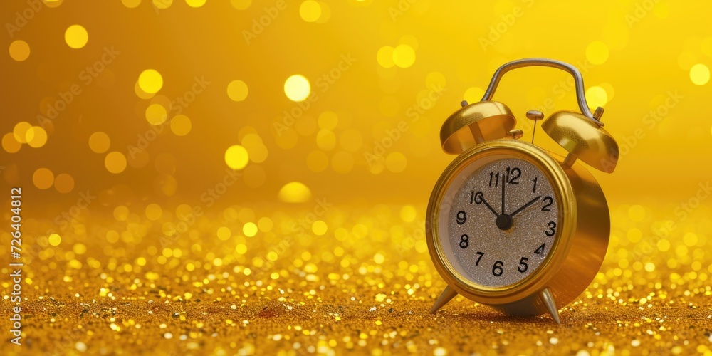 Poster An alarm clock sitting on top of a golden table. Perfect for time management and productivity concepts