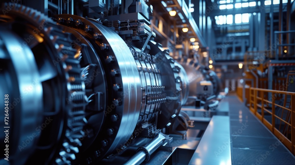 Poster A large machine in a factory with an intricate network of pipes. Suitable for industrial and manufacturing themes