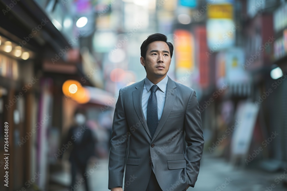 Wall mural Portrait of handsome businessman in suit walking on urban street