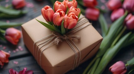 closeup of gift box wrapped in craft paper and bouquet of tulips, on light modern table.