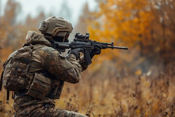 Fototapeta premium Soldier in сamouflage uniform with aiming rifle take part in military training