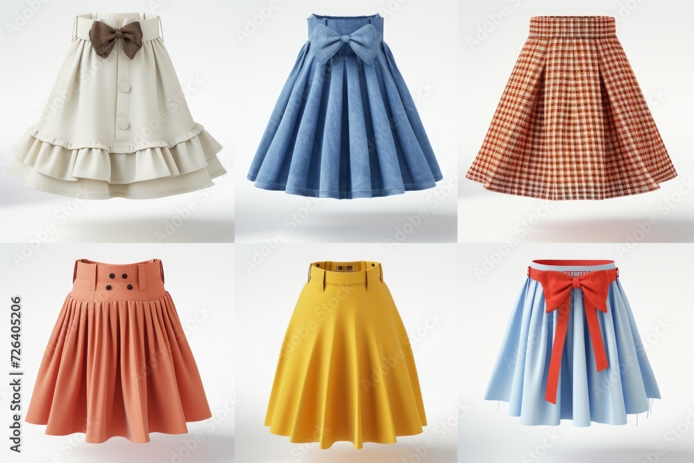 Poster various skirts featuring bows, suitable for different occasions. can be used to showcase fashion tre