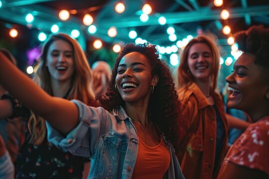 Young friends are having fun and dancing at a music festival