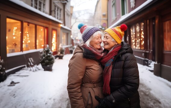 Elderly LGBT couple embraces the winter magic, reveling in joy and love as they enjoy moments of togetherness amidst the enchanting winter scenery