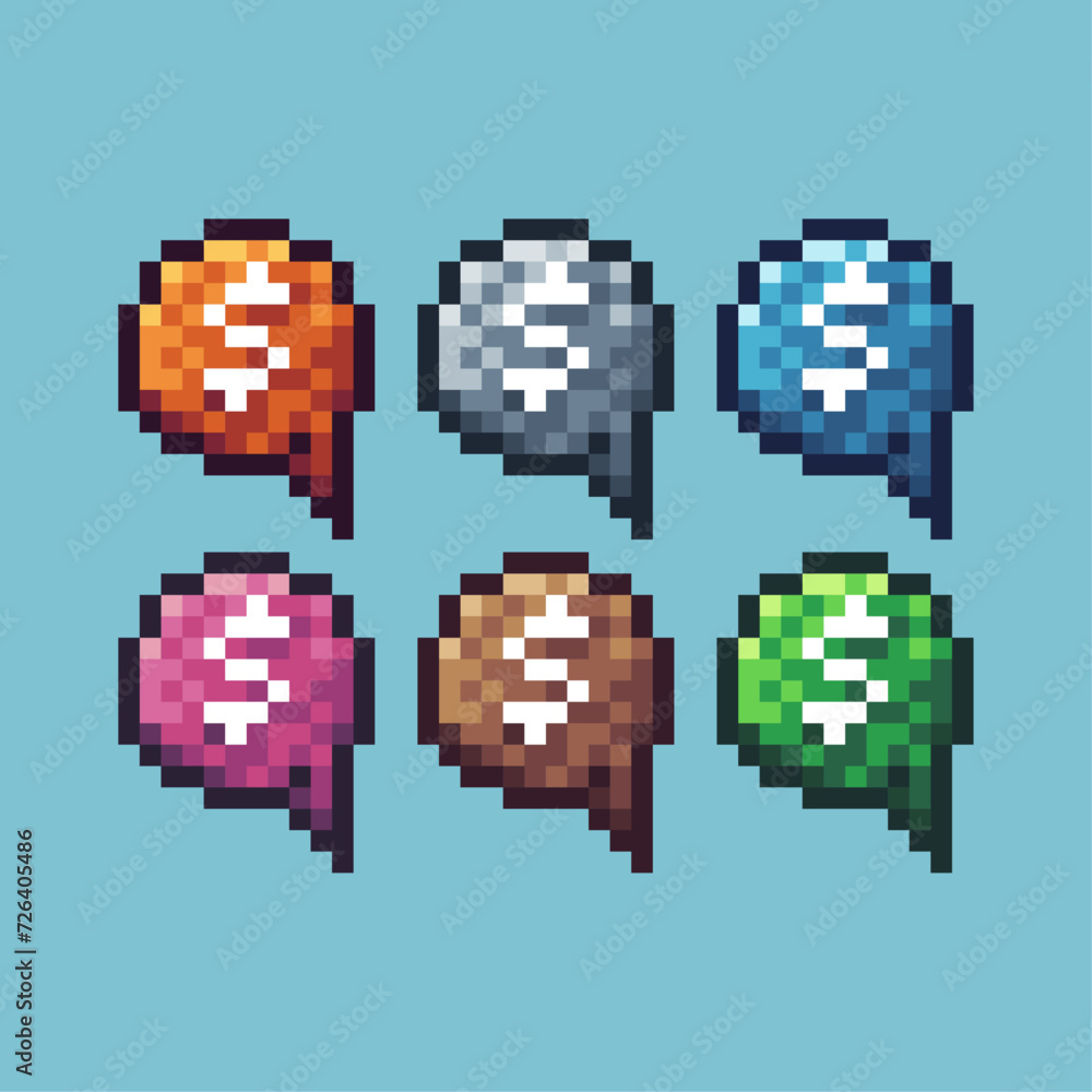 Poster pixel art sets icon of dialog box money variation color. money box icon on pixelated style. 8bits pe