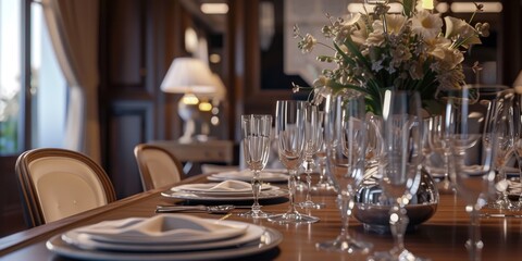 A simple wooden table with a collection of plates and glasses. Perfect for restaurant menus, catering services, or home decor