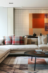 Stylish Interior of living room in the style trendy retro. Soft cozy colours. Generative AI