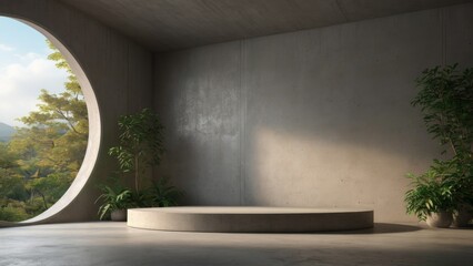 3d render of empty concrete room with large circle window and round podium for product presentation on nature background. generative, ai.