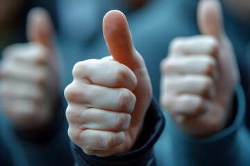  A close-up of several thumbs up gestures, expressing approval, positivity, and teamwork. The hands are in focus while the background is blurred. The image is suitable for concepts of agreement, succe