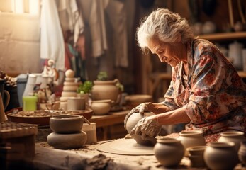 Elderly woman masterfully practices the ancient craft of pottery, molding glistening clay into exquisite creations in her traditional workshop, embodying the timeless artistry of handmade ceramics