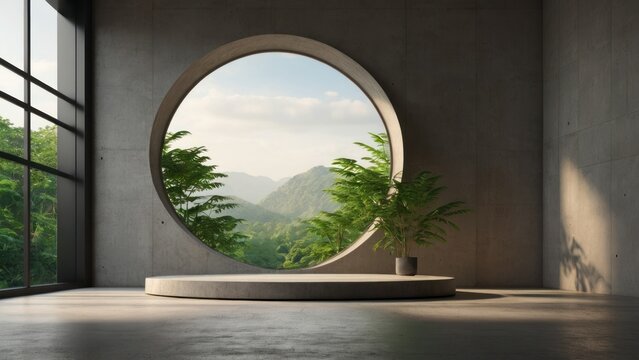 3d render of empty concrete room with large circle window and round podium for product presentation on nature background. generative, ai.
