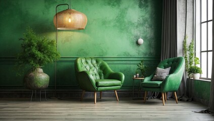 The interior composition in grunge style, consisting of a chair, a lamp and green decor