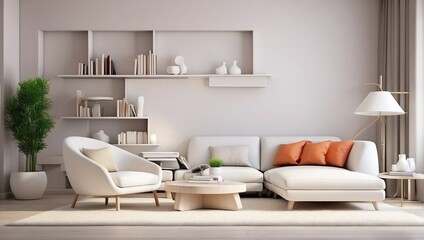 Fototapeta na wymiar Interior design of modern living room, lounge with white armchair and books, 3d Render Designers 