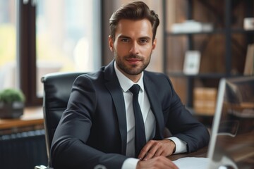 Fototapeta premium Portrait of boss sitting in armchair at office in business suit