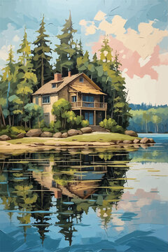 Jef Bourgeau style forest landscape oil painting, lake house 