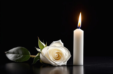 Fototapeta na wymiar Candle with a white rose on a black background.