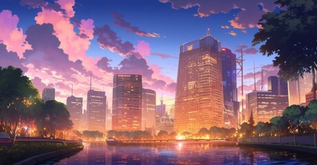 A bustling cityscape at dusk, where towering skyscrapers are bathed in warm, golden hues. The foreground showcases anime characters engaged in various leisure activities: chatting in a park
