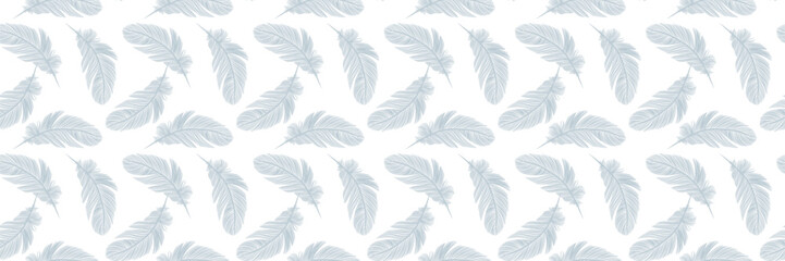 Vector seamless pattern with blue feathers on a white background.
