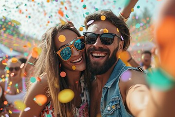 Young friends are having fun and dancing at a music festival