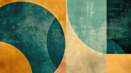 Abstract background in trendy Bauhaus style, combining sienna, teal green and wheat yellow with asymmetrical balance and bold shapes