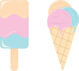Set of tasty ice creams in flat style. Sweet summer delicacy sundaes, collection isolated ice-cream cones and popsicle on stick. Vector illustration for web,design, print on white isolated background