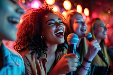 Happy friends singing karaoke and having fun in nightclub