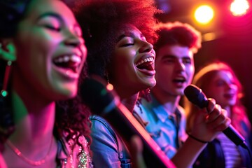 Happy friends singing karaoke and having fun in nightclub - Powered by Adobe