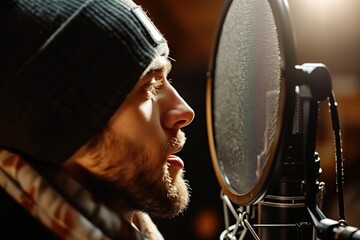 Fototapeta premium Young man singing with microphone and recording new song in studio