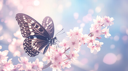 Close-up of a butterfly on a flower. a large butterfly sitting on green leaves, a beautiful insect in its natural habitat. Banner, Illustration for Albums, notebooks