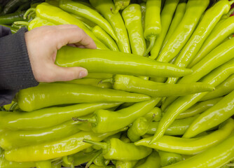 choosing peppers at the grocery store