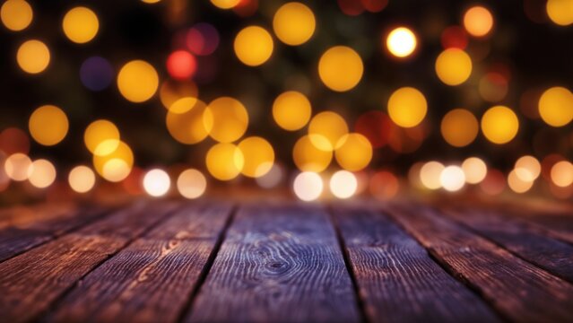 A wooden table in front of a wall of blurred lights. An image featuring a bokeh background with vibrant and colorful lights,