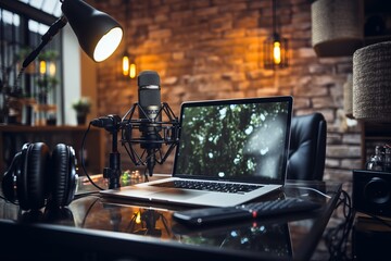 Blogger recording captivating video podcast in cozy home studio with professional video camera
