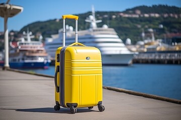 Memories left aboard. abandoned yellow suitcase amidst the magnificence of a luxurious cruise liner