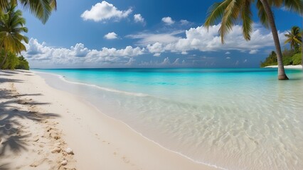 Fototapeta na wymiar panoramic white sand beach and azure skies in a coastal paradise; banner format; copy space