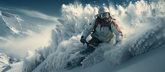 view of a snowboarder sliding through a snow cliff