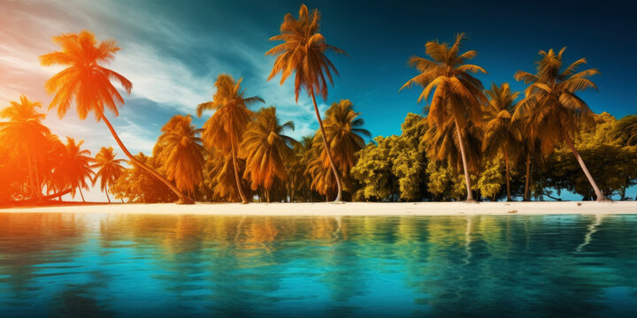 Beautiful sunset at a beach resort in the tropics. Palm trees and ocean coast. Generative AI