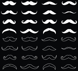 Hipster mustache icon set. Different flat or line vector collection isolated on transparent background. Black silhouette of adult man Italian moustache. Symbol of Fathers day.old facial hair styles.