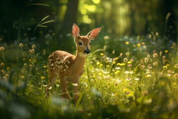 Fototapeta premium A little fawn stands in a forest in a clearing in the tall grass
