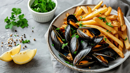 Moules frites, mussels are steamed with celery, leeks and butter and fried potatoes, Belgian national cuisine, Traditional assorted Asia dishes, Top view. - obrazy, fototapety, plakaty