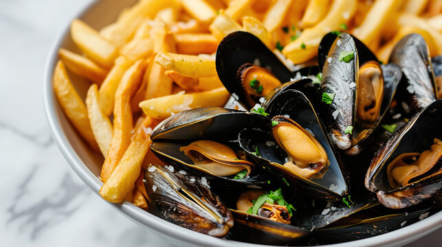 Moules frites, mussels are steamed with celery, leeks and butter and fried potatoes, Belgian national cuisine, Traditional assorted Asia dishes, Top view.