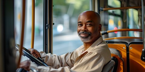 Friendly bus driver greeting passengers with a smile. public transportation in a city setting. licensed ai-generated image.