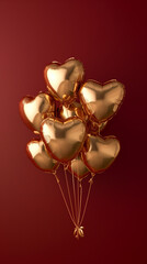 Hearts golden balloon helium metallic, red color background, decoration happy valentine 14 fourteen february, anniversary, wedding, engagement. Vertical orientation