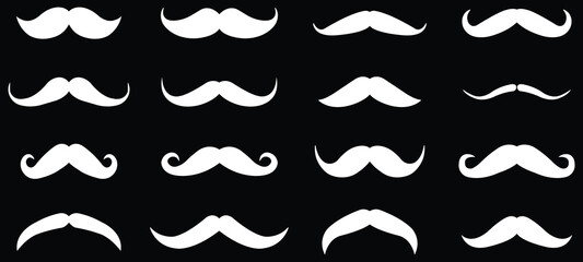 Hipster mustache icon set. Different flat vector collection isolated on transparent background. Black silhouette of adult man Italian moustache. Symbol of Fathers day.old facial hair styles.