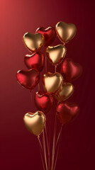 Hearts red and golden balloon helium metallic, red color background, decoration happy valentine 14 fourteen february, anniversary, wedding, engagement. Vertical orientation