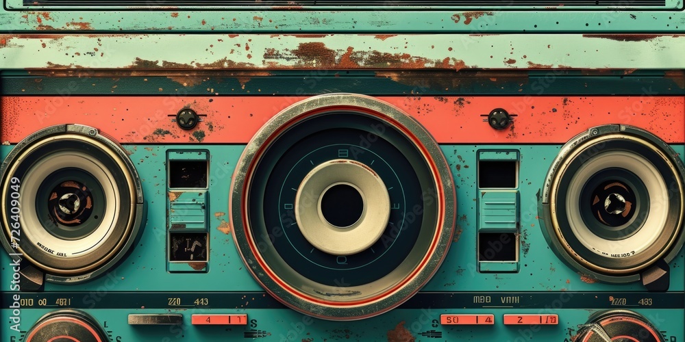 Poster a close-up view of a radio with speakers. ideal for illustrating technology, music, or sound-related