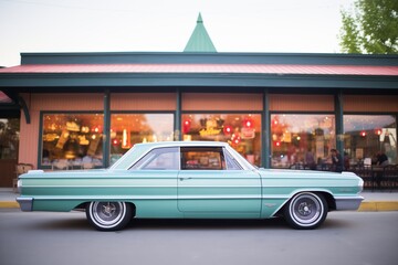 classic car parked outside a 50sstyle eatery