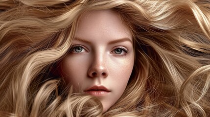 Naklejka premium Young woman with long hair in fashion editorial style. Hair blowing in the wind. Trendy hair style